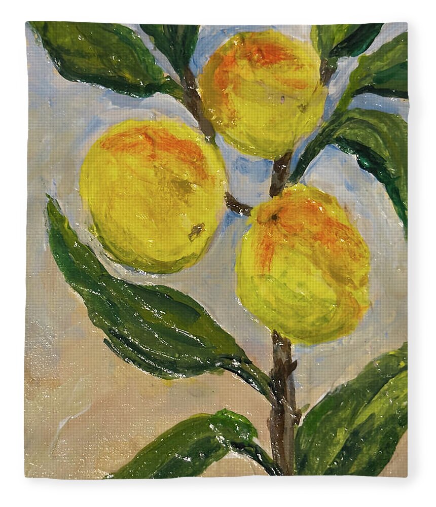 Fleece throw blanket printed with Soft Light in the Orchard, Kathryn Young's painting of peaches on a leafy branch in soft golden light