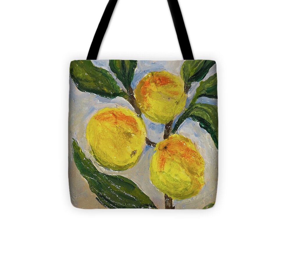 Tote bag printed with Soft Light in the Orchard, Kathryn Young's painting of peaches on a leafy branch in soft golden light
