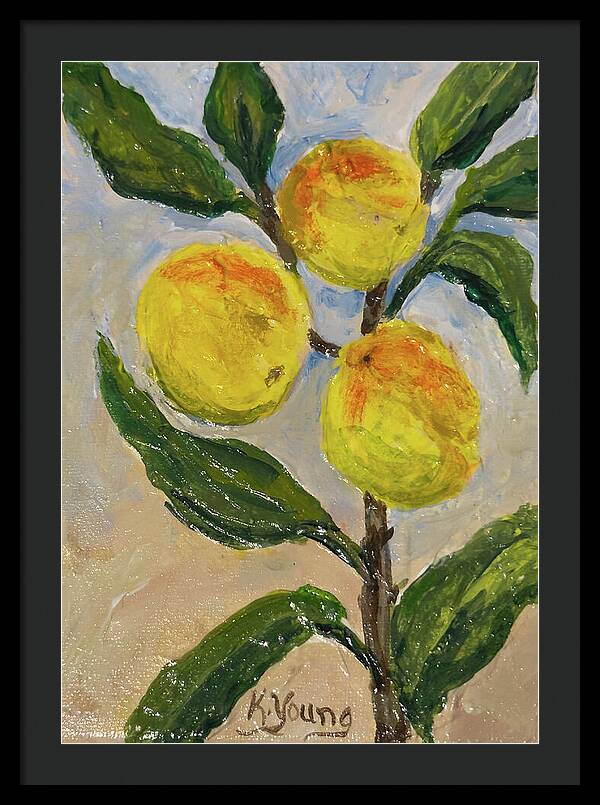 Framed print of Soft Light in the Orchard, Kathryn Young's painting of peaches on a leafy branch in soft golden light