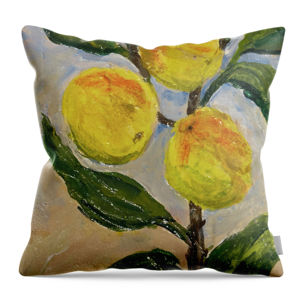 Throw pillow printed with Soft Light in the Orchard, Kathryn Young's painting of peaches on a leafy branch in soft golden light
