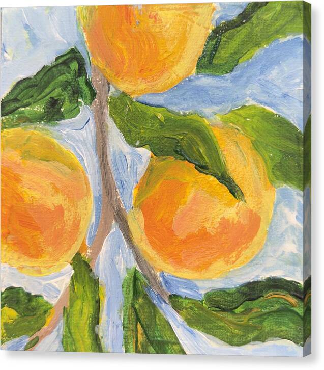Canvas print of Where the Sun Found Them, Kathryn Young's painting of sunlit oranges on a leafy branch in orange and blue