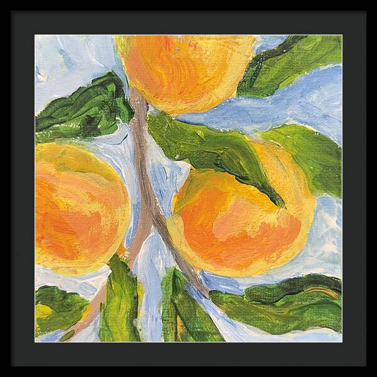 Framed print of Where the Sun Found Them, Kathryn Young's painting of sunlit oranges on a leafy branch in orange and blue
